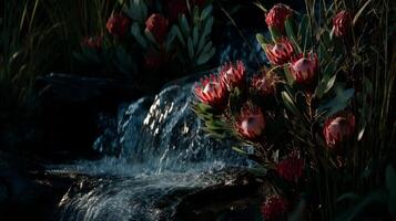 Vibrant Red Flowers Near Flowing Water in a Serene Natural Setting at Dusk photo