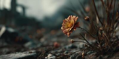 Single Yellow Flower Growing Among Rocks in a Deteriorating Environment, Capturing Resilience and Nature's Beauty photo