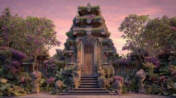 A Majestic Floral Temple Surrounded by Lush Greenery at Sunset with Vibrant Colors and Decorative Stone Carvings photo