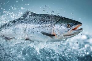 Detailed close-up of salmon fish breaching water surface with splashes in dynamic outdoor aquatic environment photo