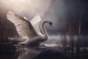 Majestic Swan Spreading Wings in Tranquil Waters Amidst Misty Morning Light, Capturing Nature's Beauty and Serenity photo