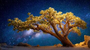 Majestic tree illuminated under starry sky with vibrant galaxy background presenting nature's beauty and serenity at nighttime photo