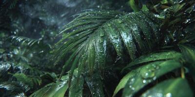 Fresh Green Leaves with Water Droplets in Lush Rainforest Environment Under Soft Natural Light photo