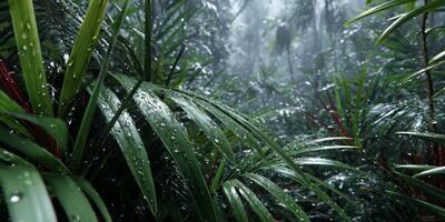 Lush Green Rainforest Foliage with Dewdrops and Misty Atmosphere Captured in a Serene Nature Environment photo