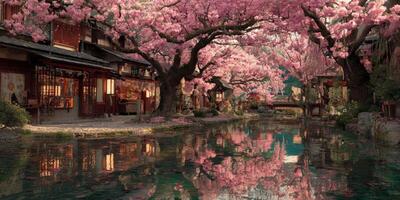 Serene Cherry Blossom Scene by Tranquil Stream with Reflections of Pink Blooming Trees in Peaceful Spring Garden Setting photo