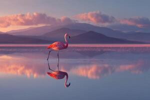 Majestic Flamingo Standing Gracefully in Serene Water with Stunning Reflective Landscape at Sunset in Vibrant Colors photo