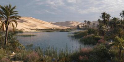 Serene Oasis in Desert Landscape with Lush Greenery and Tall Palm Trees Under Bright Sky photo
