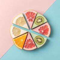 Fruit slices arranged in colorful geometric pattern on pastel background with copy space photo