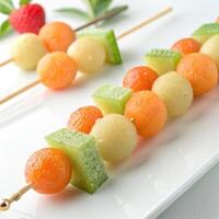 Fresh fruit skewers with melon, cantaloupe and honeydew on white plate with copy space photo