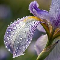Iris flower petal with dew drops in a soft, elegant background, macro photography photo