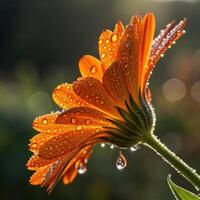 Marigold flower with dew drops in a soft, radiant background, macro photography photo