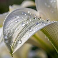 Calla lily petal with dew drops in a soft, elegant background, macro photography photo