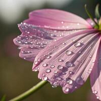 Cosmos flower petal with dew drops in a soft, colorful background, macro photography photo