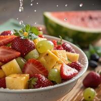 Colorful fresh fruit salad with strawberries, melon, and grapes in bowl with splash and watermelon in background photo