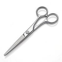 Stylish stainless steel scissors lying on reflective surface with copy space photo