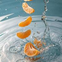 Fresh orange segments splashing in water, creating a lively and refreshing atmosphere photo