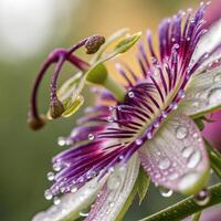 Passionflower with dew drops in a soft, vibrant background, macro photography photo