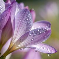Crocus flower petals with dew drops in a soft, elegant background, macro photography photo