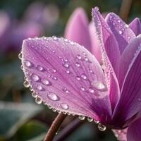 Crocus flower petal with dew drops in a soft, beautiful background, macro photography photo