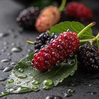 Fresh mulberries with water droplets on green leaves and dark background with copy space photo