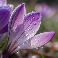 Crocus flower petal with dew drops in a soft, vibrant background, macro photography photo