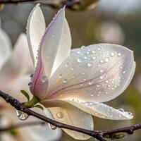 Magnolia flower with dew drops on a branch in a soft, graceful background, macro photography photo