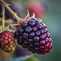 Fresh blackberries on a branch with a natural feel and lush green background photo