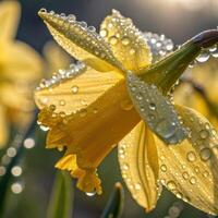 Daffodil flower with dew drops in a soft, bright background, macro photography photo