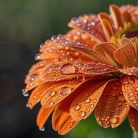 Marigold flower with dew drops in a soft, warm background, macro photography photo