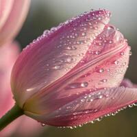 Tulip flower with dew drops in a soft, romantic background, macro photography photo