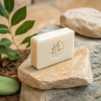 Natural soap bar on stone background with green leaves in tranquil setting and copy space photo