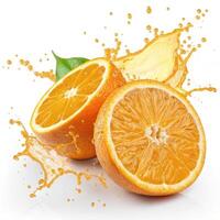 Fresh orange slices splashing with juice on white background and copy space photo