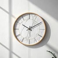 Elegant round wall clock with marble design and wooden frame in bright interior with copy space photo