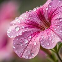 Petunia flower with dew drops in a soft, delicate background, macro photography photo