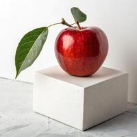 Fresh red apple with leaf on white pedestal in soft light setting with minimalistic background and copy space photo