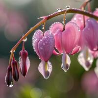 Bleeding heart flower with dew drops in a soft, dreamy background, macro photography photo