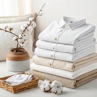Neatly folded white and beige shirts stacked on table with cotton flowers in vase and copy space photo