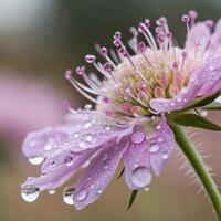 Scabious flower with dew drops in a soft, delicate background, macro photography photo