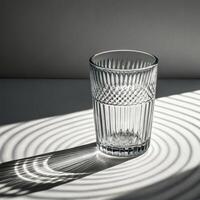 Crystal glass filled with water casting shadow patterns on table in soft light with copy space photo