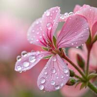 Geranium flower with dew drops in a soft, delicate background, macro photography photo