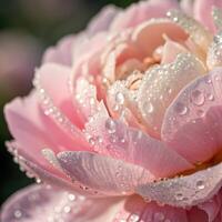 Peony flower with dew drops in a soft, elegant background, macro photography photo