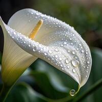 Calla lily flower with dew drops in a soft, elegant background, macro photography photo