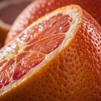 Close-up of juicy pink grapefruit slice with textured skin photo