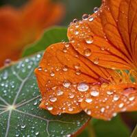 Nasturtium flower and leaves with dew drops in a soft, colorful background, macro photography photo