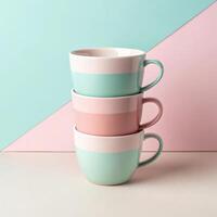 Stacked pastel mugs in teal and pink colors on two-tone background with geometric arrangement and copy space photo