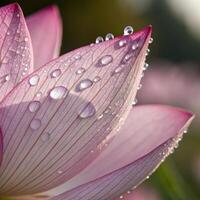 Lotus flower petal with dew drops in a soft, serene background, macro photography photo