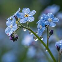 Forget-me-not flowers with dew drops in a soft, vibrant background, macro photography photo