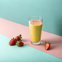 Fresh smoothie in glass next to strawberries on pastel background with copy space photo