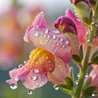 Snapdragon flower with dew drops in a soft, colorful background, macro photography photo