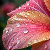 Hibiscus flower petal with dew drops in a soft, colorful background, macro photography photo